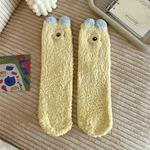 Cute yellow fleece fuzzy long socks detail, thick warm home floor socks with sweet cartoon embroidery.