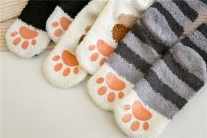 Chaussettes chat peluche molleton detail, chaussettes hiver corail epaisses chaud maison.