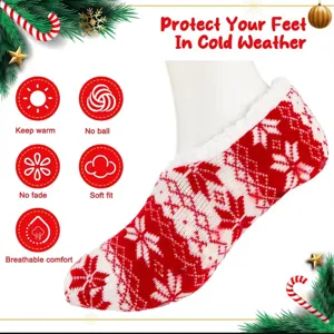 Cozy red and white knit Christmas thermal slipper socks detail showcasing soft plush lining