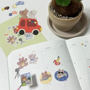 Schattige Koreaanse cartoon kat en konijn decoratieve stickers voor planner en dagboek.