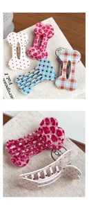 Cute bone-shaped hair clips with polka dots, leopard print, and plaid patterns for women.