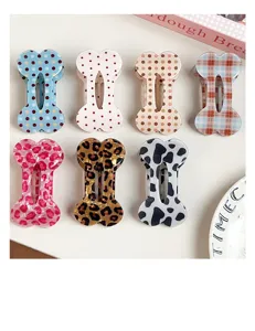 Cute bone hair clip set, acrylic duckbill clips with dot leopard plaid design for daily styling.