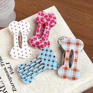 Korean cute bone shaped hair clips set, polka dot and leopard duckbill clip for women daily styling.