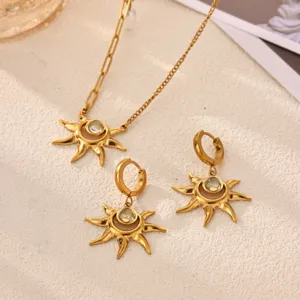 18K Gold Plated Stainless Steel Sun Pendant Necklace Earrings Set For Women Retro Rhinestone Artificial Pearl Jewelry Set