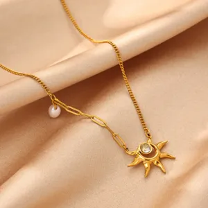 Stainless steel gold sun pendant necklace with pearl charm and chain for women fashion jewelry.