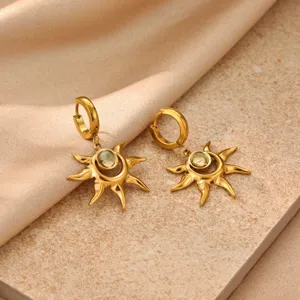 Gold stainless steel sun hoop earrings detail view, elegant fashion jewelry for women daily wear.