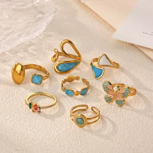 Stainless Steel 18K Gold Plated Open Ring Blue Enamel Butterfly Geometric Finger Ring For Women Niche Design Jewelry