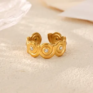 18k gold plated stainless steel floral crystal open ring, minimalist geometric fashion jewelry.