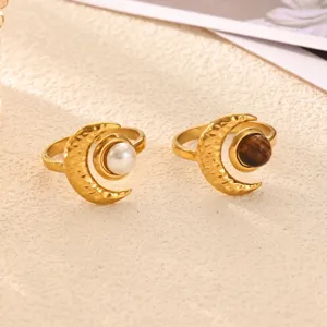 Stainless Steel 18K Gold Plated Vintage Moon Ring For Women Amber Stone Artificial Pearl Hammered Adjustable Open Ring Jewelry