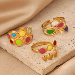 Stainless steel 18K gold plated colorful enamel dopamine open rings fashion jewelry