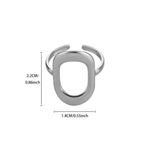 Detailed dimension view of minimalist geometric silver open ring, stylish metal fashion jewelry.