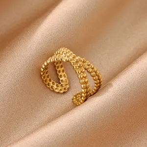 Exquisite gold-plated stainless steel beaded open ring detail view for women jewelry