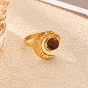Gold stainless steel crescent moon ring with brown gemstone elegant fashion jewelry for women