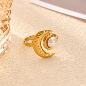 Stainless steel 18k gold plated moon pearl ring exquisite detail jewelry for women elegant style