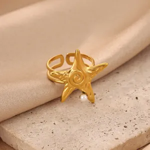 Exquisite 18k gold plated stainless steel starfish ring with a sweet pearl detail for women.