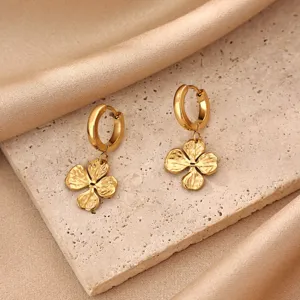 Exquisite 18k gold plated clover flower drop earrings with stylish textured finish.