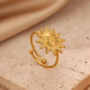 Vintage 18K gold-plated stainless steel sun ring, trendy open adjustable statement jewelry piece.