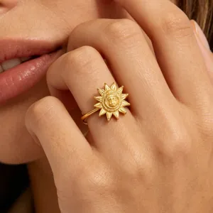 Exquisite 18k gold plated stainless steel sun face ring, vintage adjustable statement ring.