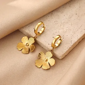 Stainless steel 18k gold plated five-petal flower drop earrings, sweet minimalist design.