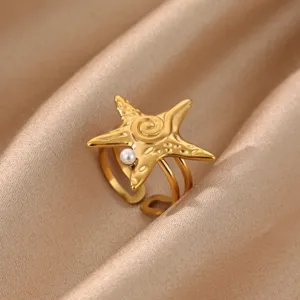 18K Gold Plated Stainless Steel Starfish Pearl Open Ring Adjustable Fashion Jewelry
