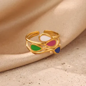 Stainless steel 18k gold plated colorful enamel teardrop open ring fashion jewelry for women