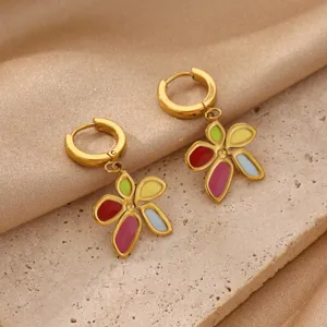 Gold-plated stainless steel colorful drip oil flower hoop earrings detailed close up view.