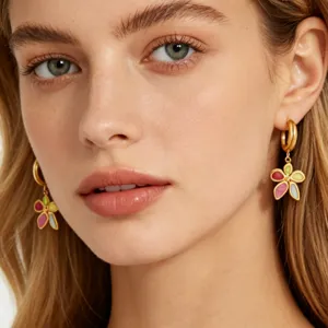 Gold plated stainless steel colorful flower hoop earrings, sweet and stylish fashion jewelry.
