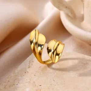 Gold plated stainless steel open ring featuring a geometric leaf design for women fashion jewelry.