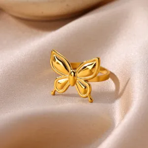 Detailed close-up of a trendy 18k gold plated stainless steel butterfly statement ring.