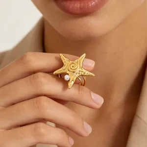 Gold starfish adjustable ring detail, unique ocean style stainless steel finger jewelry