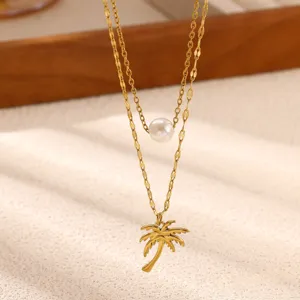 Edelstahl Kokospalme Anhänger Halskette Mehrlagig Hawaii Strandstil Gold Künstliche Perle Schmuck Für Damen