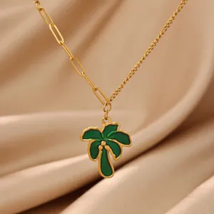 Edler Edelstahl Gold Halskette mit gruenem Emaille Palme Anhaenger Sommer Strand Stil Schmuck
