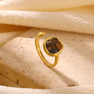 Bague ouverte en pierre naturelle vintage acier inoxydable or bijou détail exquis