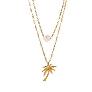 Minimalistische Edelstahldoppelschicht Halskette mit Perle und Palmenanhänger für Damen.