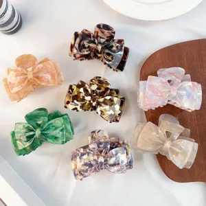 Elegant Bow Cellulose Acetate Hair Claw Clip For Women Marble Tortoiseshell Pattern Large Shark Clip Hair Accessories For Styling