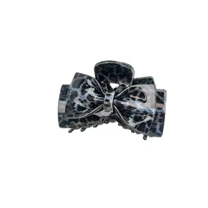 Zwarte grijze luipaard print strik haarklem, prachtig acetaat haaraccessoire voor dames.