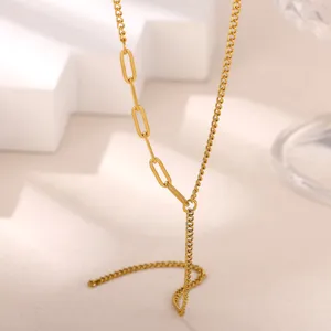 Gold mixed chain Y necklace detail view, elegant asymmetric paperclip design for women.