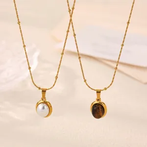 Minimalist 304 Stainless Steel Pendant Necklace For Women Oval Artificial Pearl Amber Cat Eye Stone Satellite Clavicle Chain Jewelry