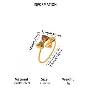 Stainless steel colorful zircon double bow open ring, detailed dimension and material spec.