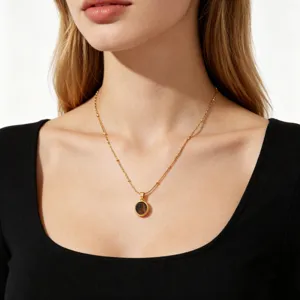 Gold titanium steel necklace featuring a dark amber stone pendant and delicate bead chain.