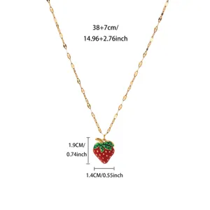 Gold stainless steel strawberry pendant necklace with length and size details for women.