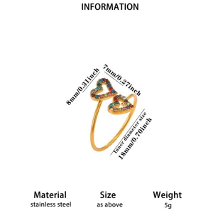 Detailed view of the double heart stainless steel ring with colorful zircon stones and size specs.