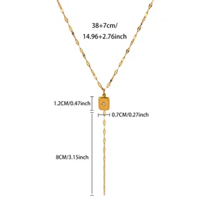Gold Y-shaped necklace detail showing chain length, pendant dimensions, and drop size.