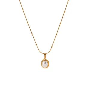 Elegant gold titanium steel oval pearl pendant necklace fashion clavicle chain jewelry for her