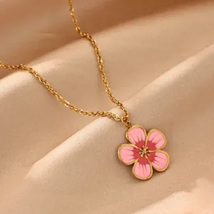 Exquisite 18k gold plated stainless steel necklace featuring a pink enamel flower pendant detail.