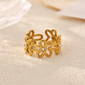 Gold stainless steel floral open ring for women minimalist geometric fashion jewelry.