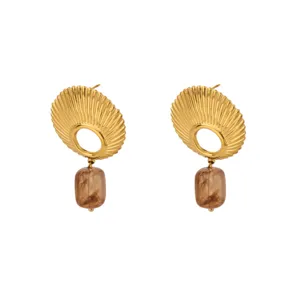 Stylish 18k gold plated shell textured earrings with amber resin drop for women chic daily.
