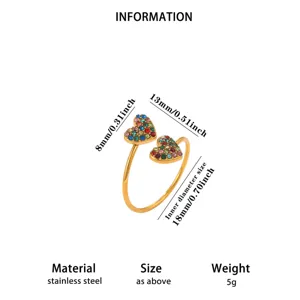 Stainless steel open ring with colorful zircon double hearts, stylish and trendy jewelry.