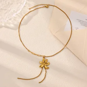 Elegant gold long Y-necklace with stunning sunflower pendant and stylish hanging chains for women.