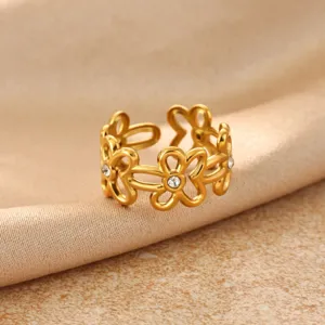 Stainless steel 18k gold plated hollow flower crystal ring fashion minimalist jewelry style